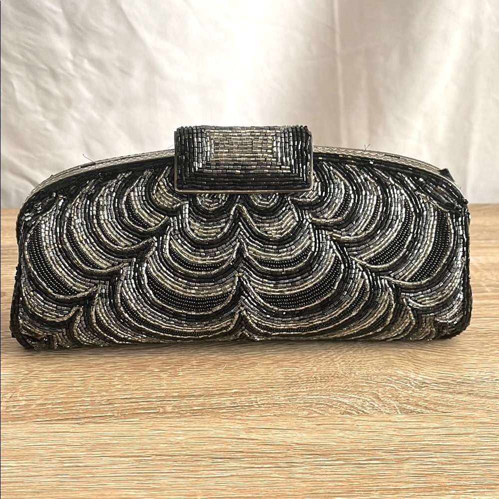 Sophisticated Black and Silver Beaded Clutch, Optional Shoulder Strap